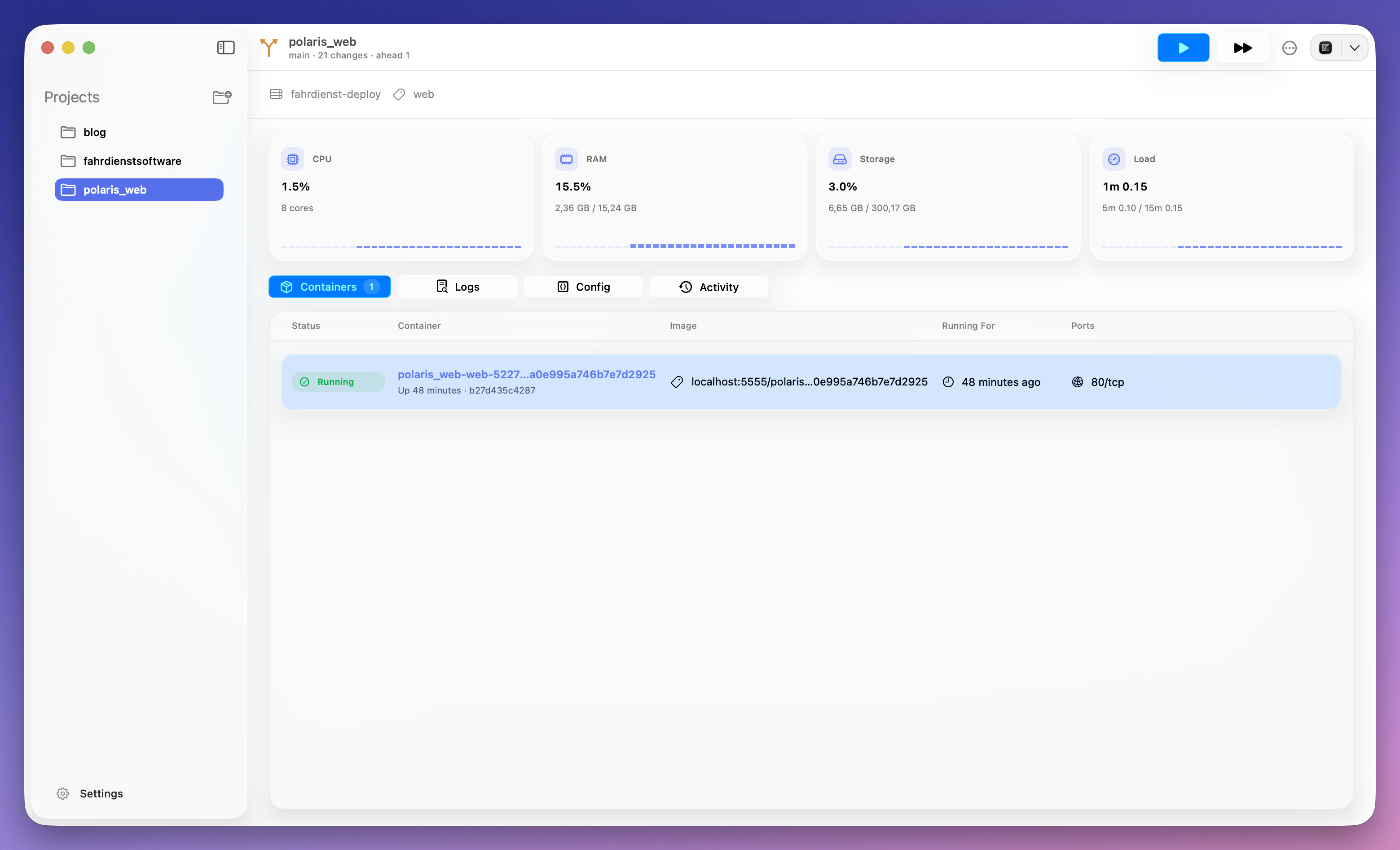 Polaris macOS app showing server metrics and a running container table