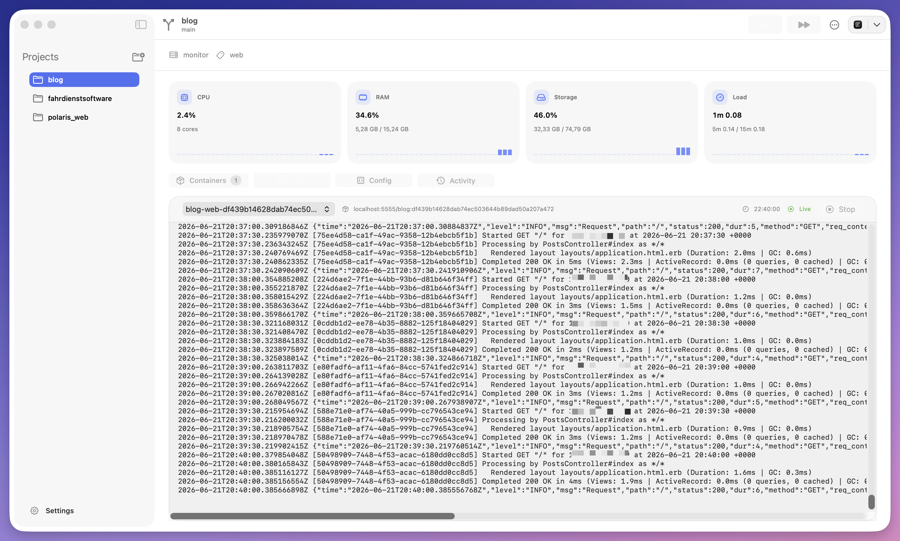 Polaris logs view with project sidebar, metrics, and streaming application output