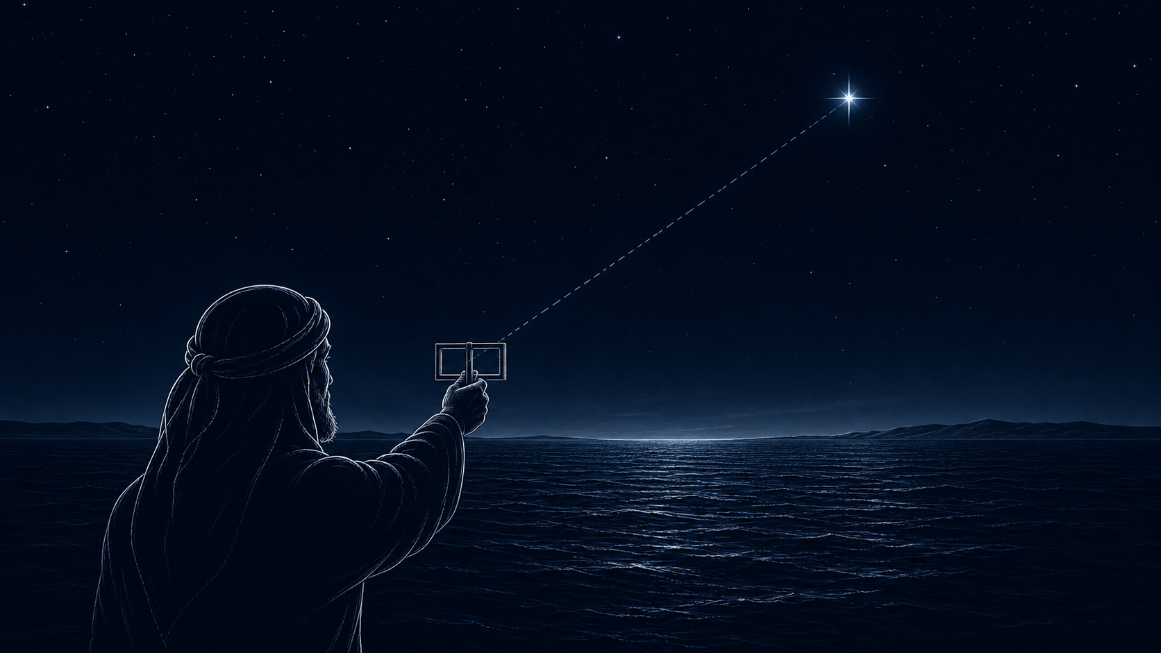 Illustration of a sailor using a kamal navigation tool to sight Polaris above the horizon
