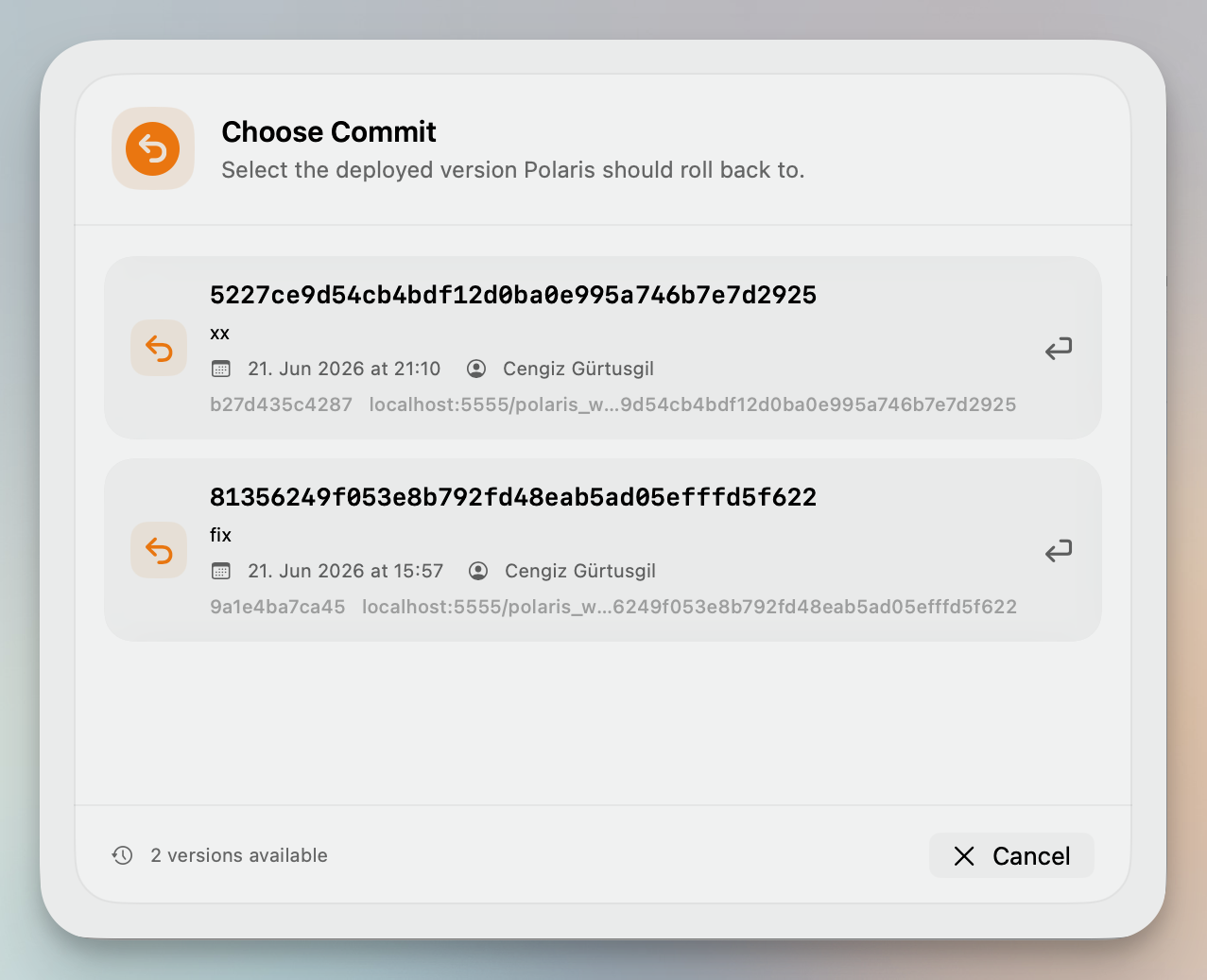 Polaris rollback dialog for choosing a deployed commit