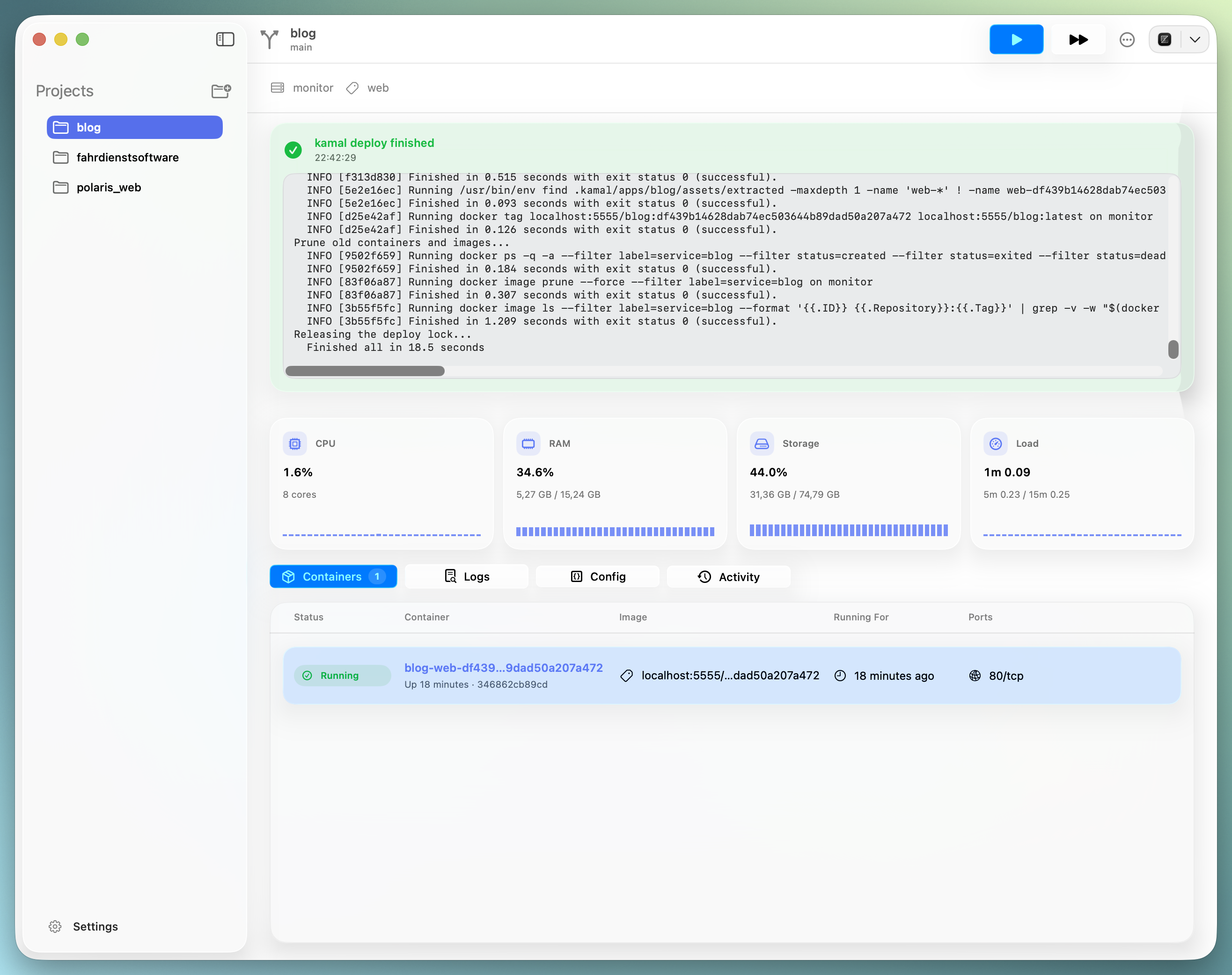Polaris showing a finished Kamal deployment with command output and updated server state