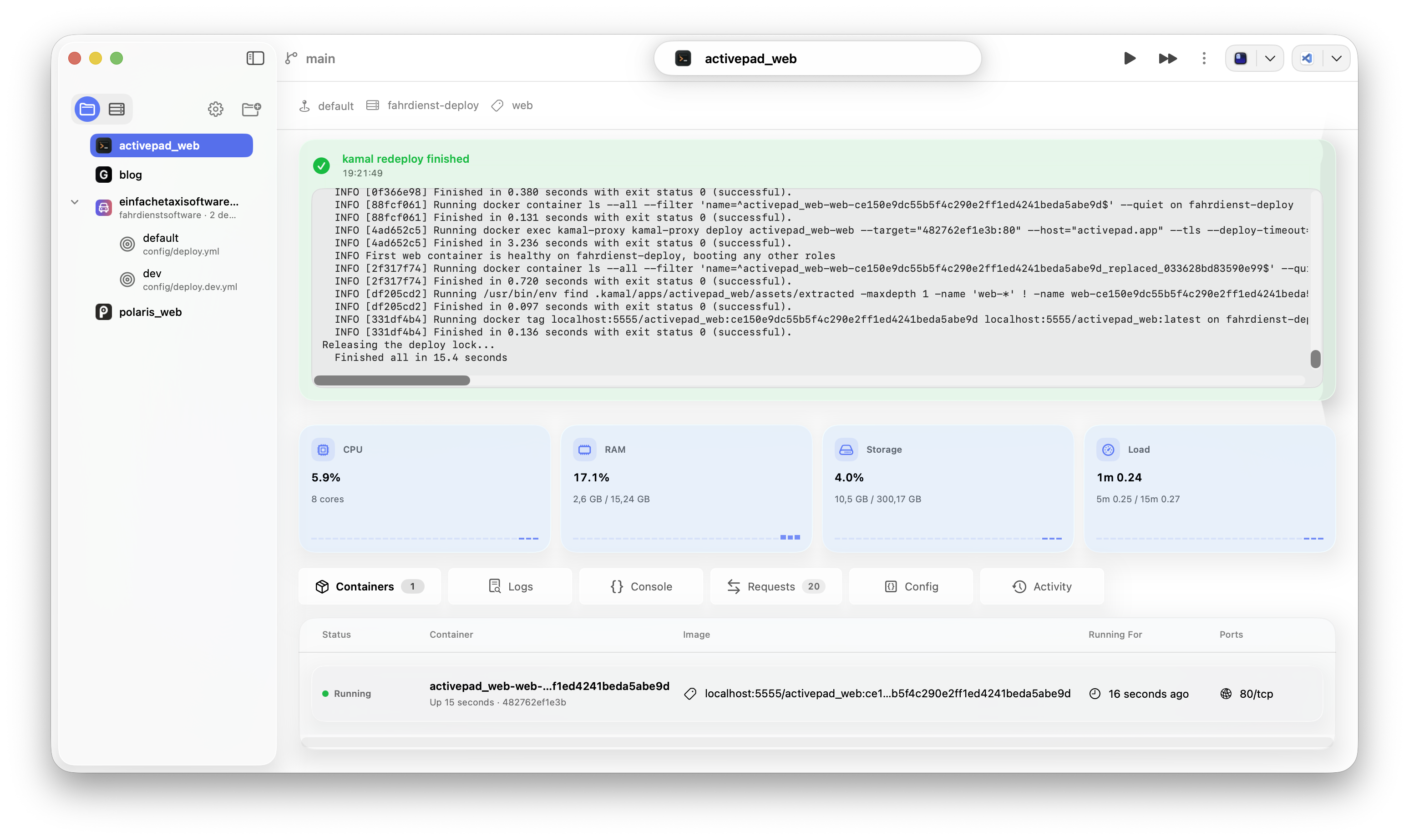 Polaris showing a finished Kamal deployment with command output and updated server state