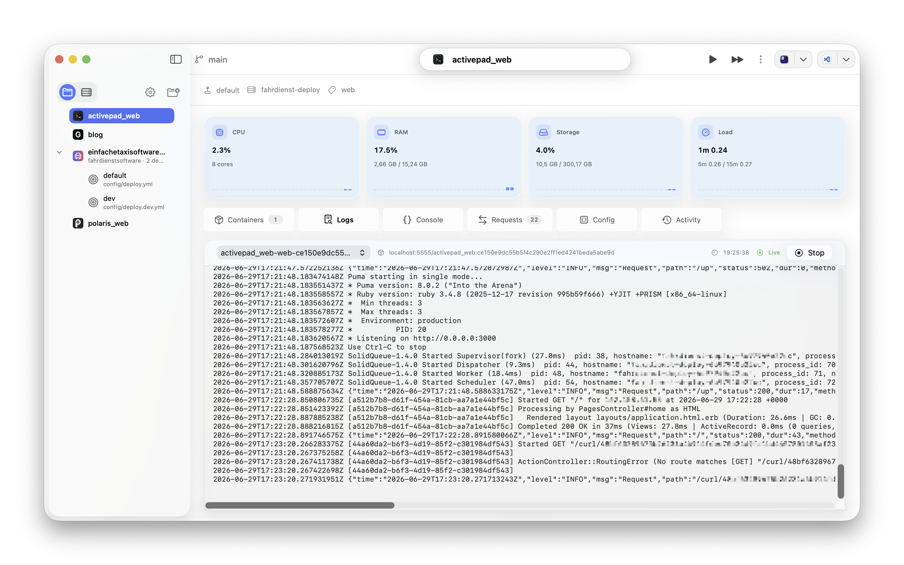 Polaris logs view with project sidebar, metrics, and streaming application output